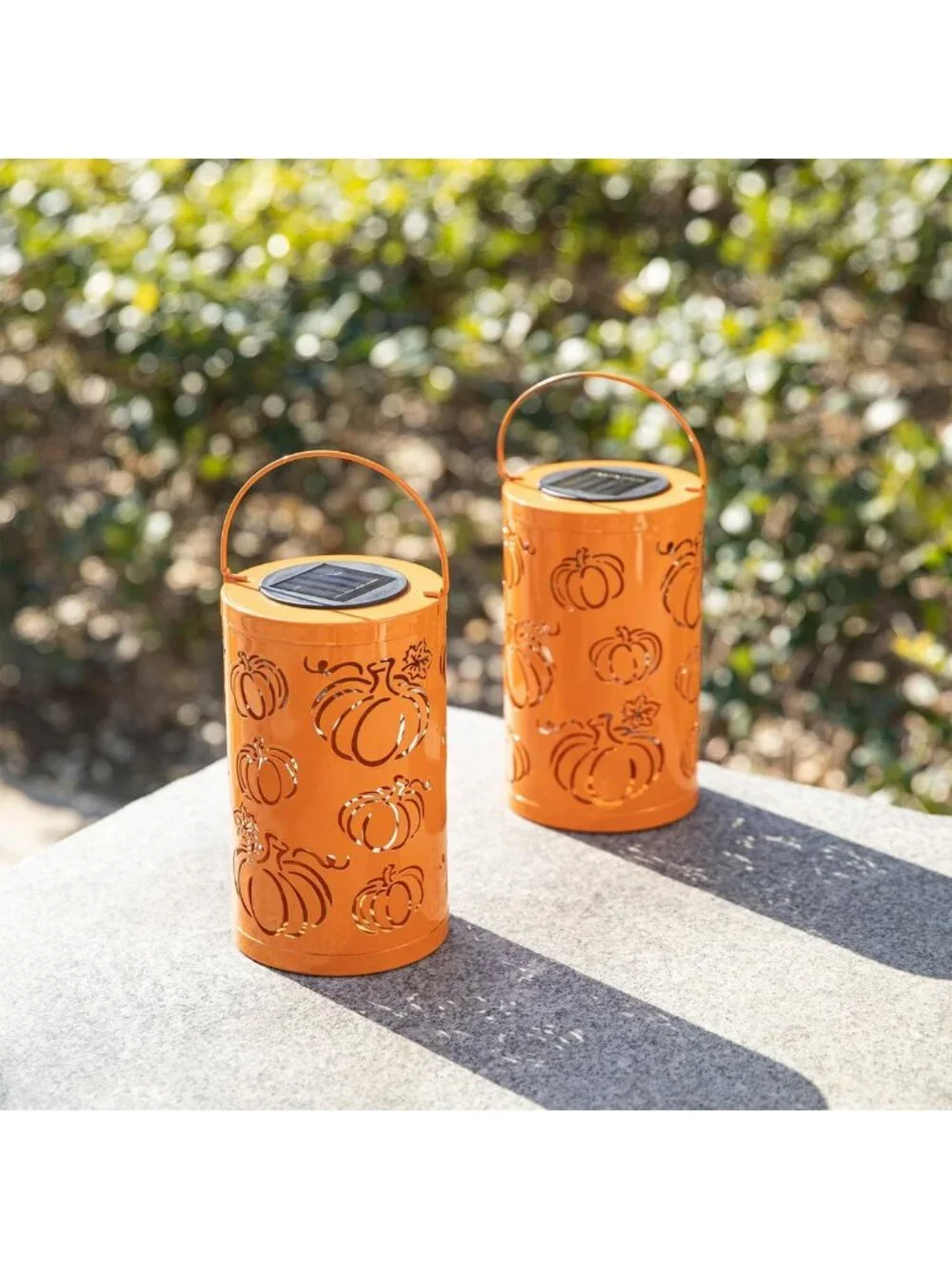 Set of 2 Fall Metal Pumpkin Lanterns - Solar Powered LED Decor for Halloween